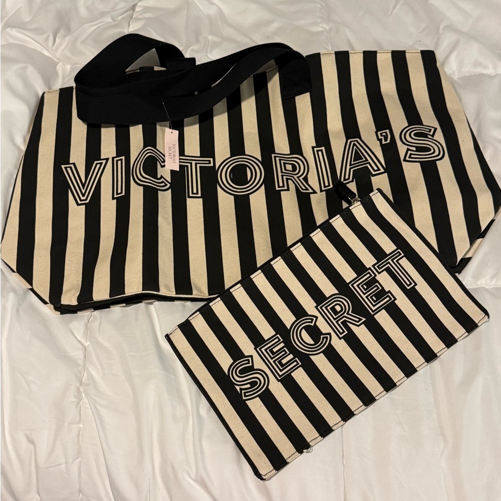 Victoria's Secret Black and Tan Striped Tote Set